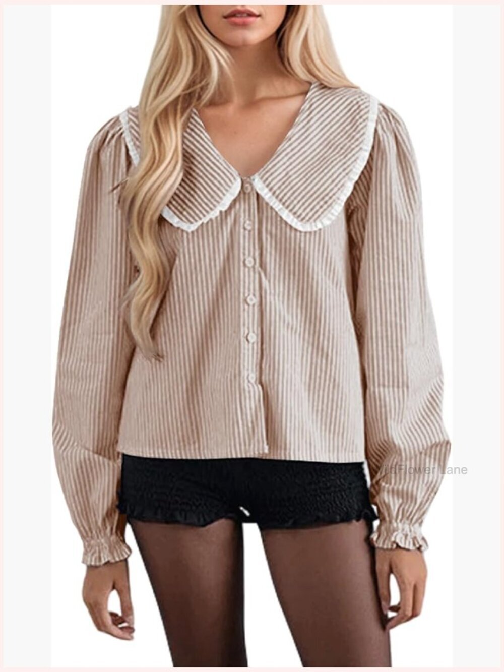 Striped Button Down Shirt Puff Sleeve Babydoll Blouse Long Sleeve Business Work
